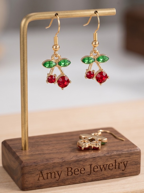 Amy Bee Jewelry Jewelry - 14k Gold Plated Cherry Drop Earrings with Red and Green Crystals. New.